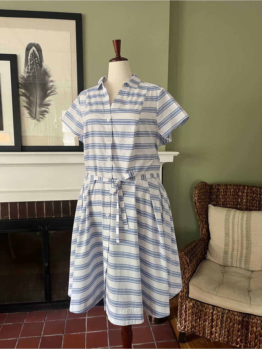 NWOT Ellos Blue & White Striped Cotton Poplin Shirt Dress with Pockets